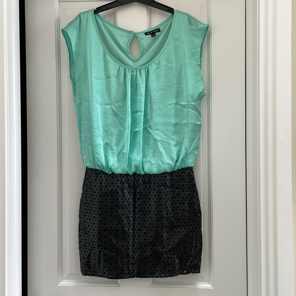 Dress with mint green top and faux leather skirt. Worn one time.